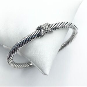 David Yurman 18K White Gold / Sterling Silver Pave Diamond~X Cable Bracelet